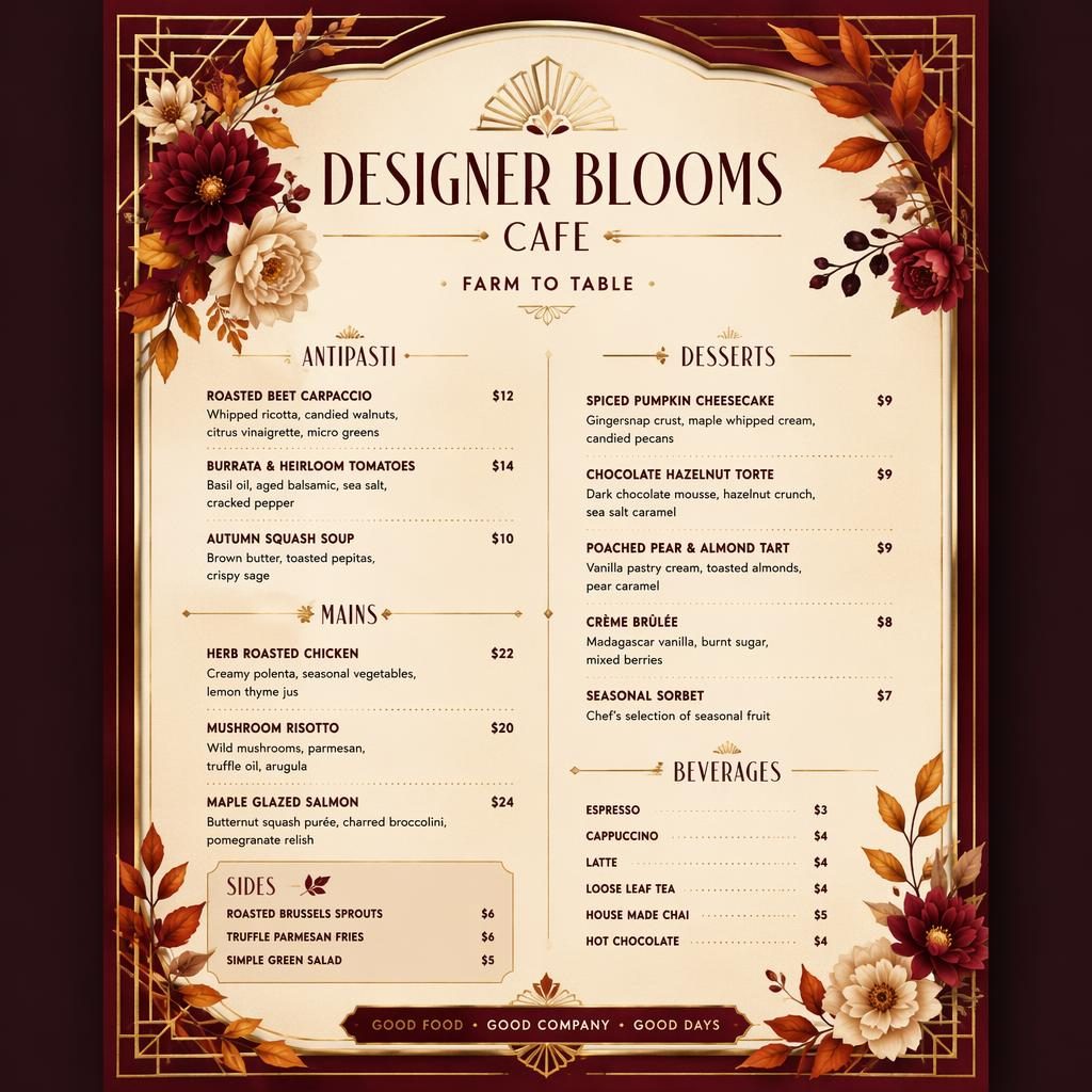 A4 portrait dessert menu card for Designer Blooms Cafe with art deco header, autumn palette, placeholder dish names, descriptions, and prices.