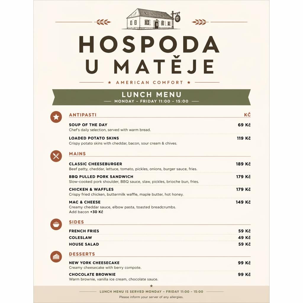 A4 obědové menu pro hospoda u matěje v minimalistickém švýcarském stylu, teplé zemité tóny, ceny ve sloupci