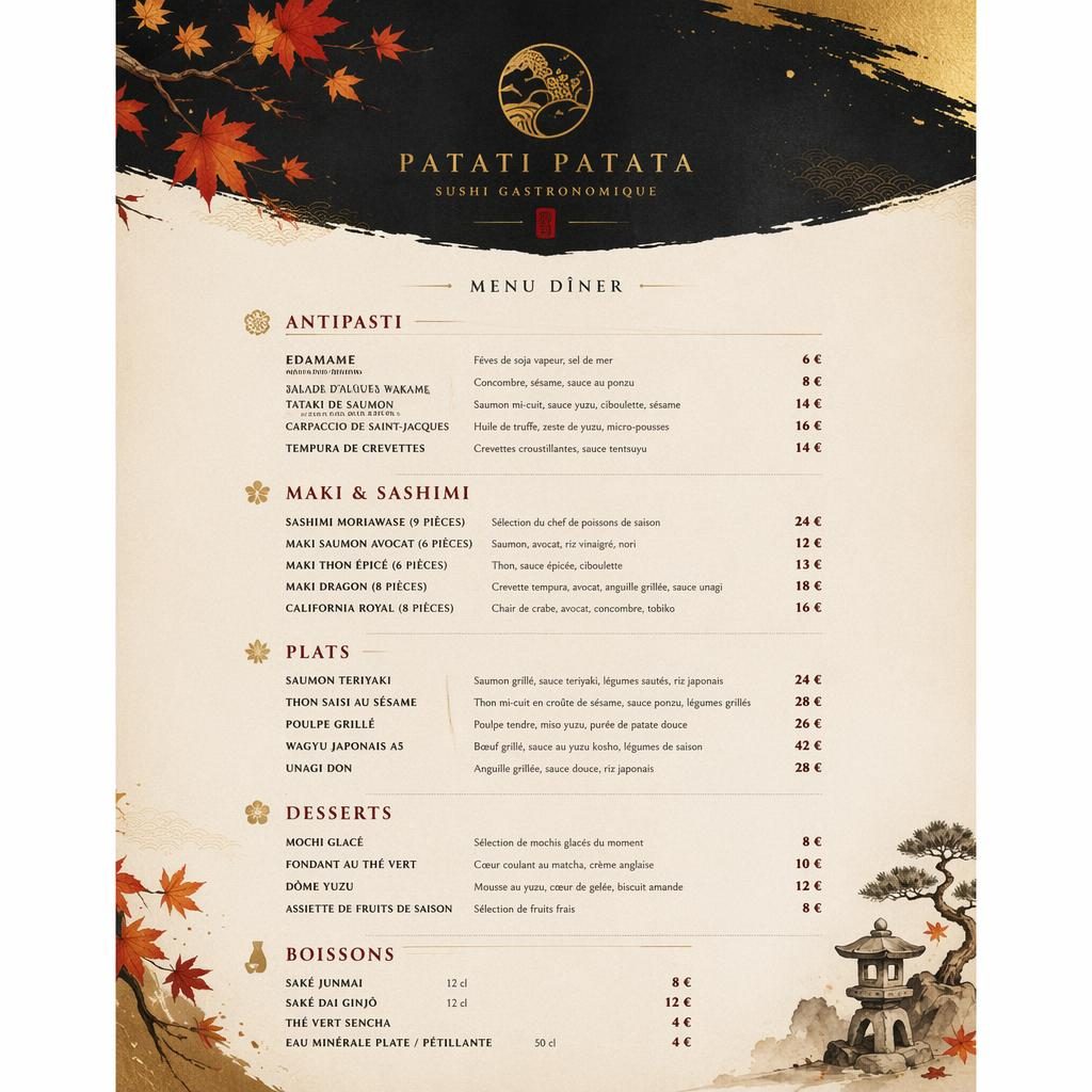 Carte de menu A4 en portrait pour restaurant de sushi japonais, style luxe, palette automnale, en-tête décoratif et prix.