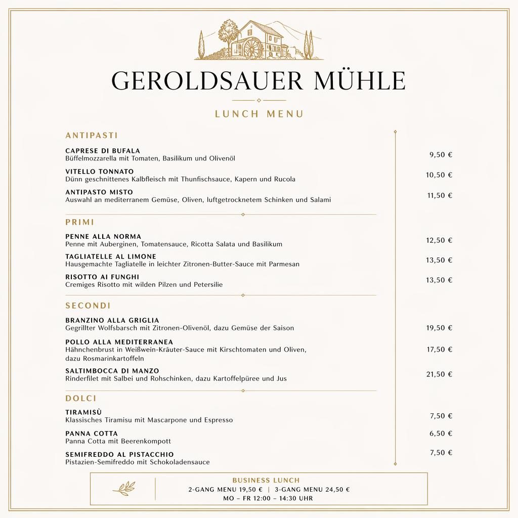 A4-Menükarte im minimalistischen Swiss-Stil in Schwarz und Gold mit Lunchmenü, Rubriken, Preisen und Dekokopf
