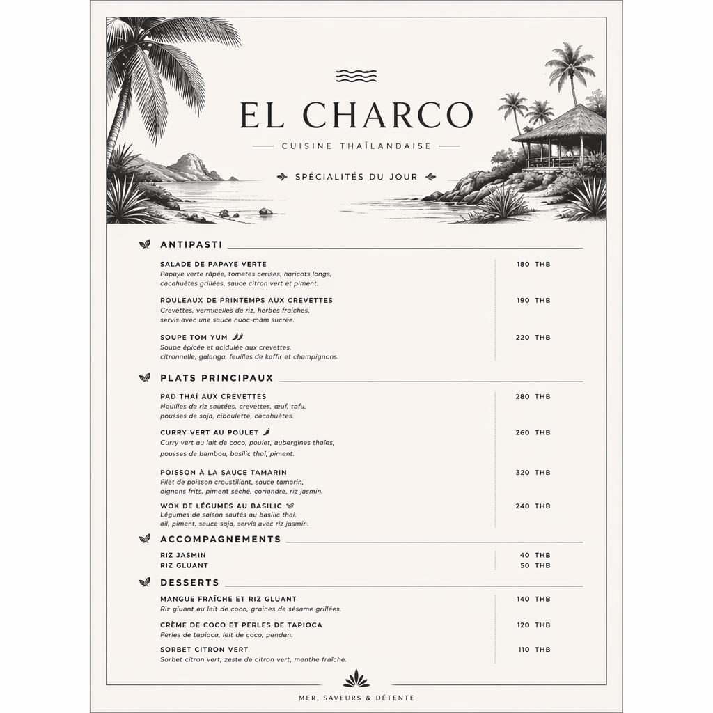 Carte de menu thaï A4 en portrait, style resort tropical monochrome, avec en-tête décoratif, sections et colonne de prix.
