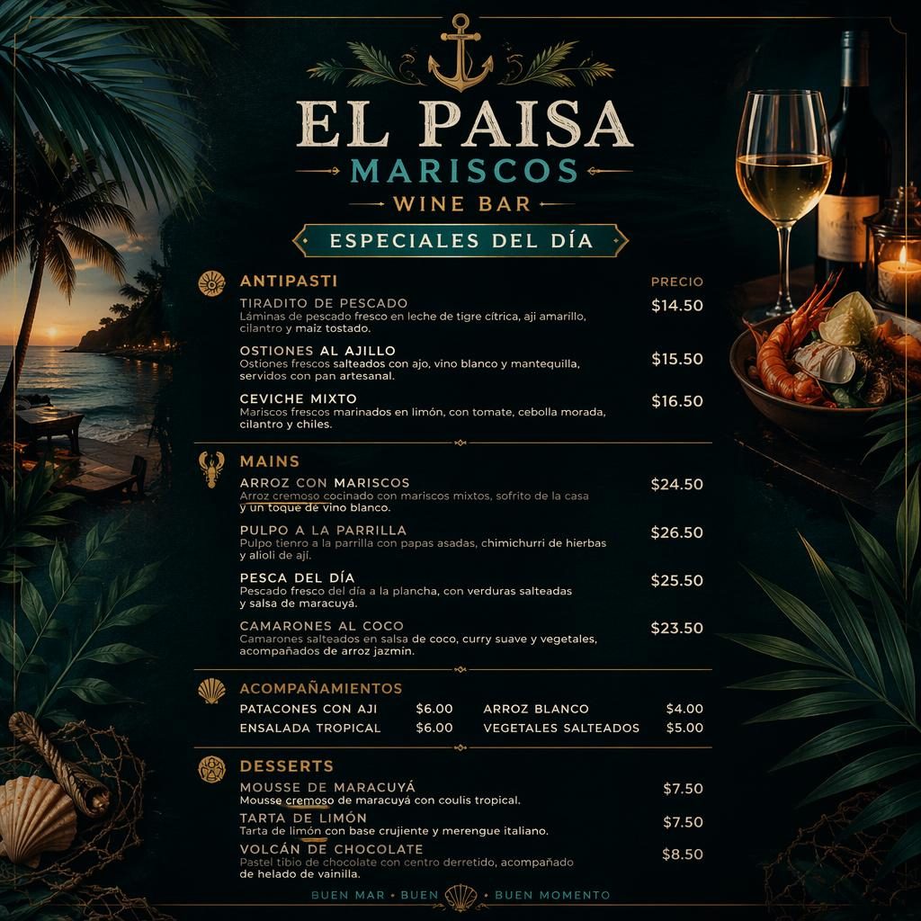 Tarjeta de menú A4 vertical para el paisa mariscos menu, estilo resort tropical oscuro, con encabezado decorativo y precios.