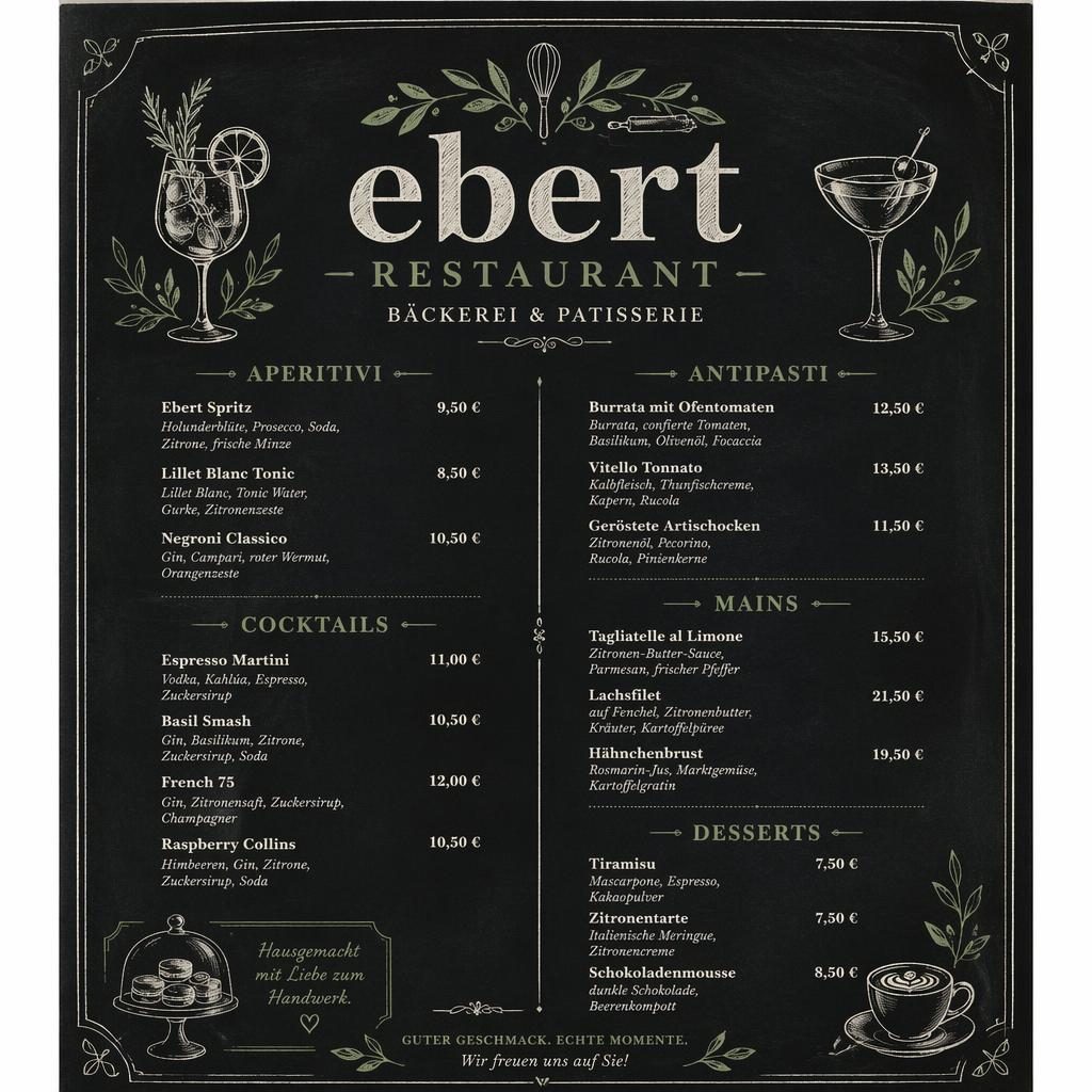 A4-Getränke- und Cocktailkarte für ebert restaurant im Kreidetafel-Stil in Salbei und Elfenbein mit Zierkopf.