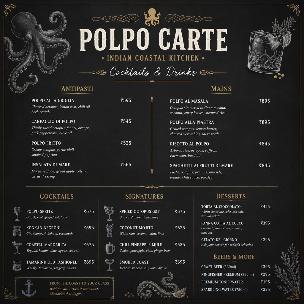 Carte de boissons A4 en portrait, style ardoise sombre, avec en-tête décoratif, rubriques, textes factices et colonne de prix.