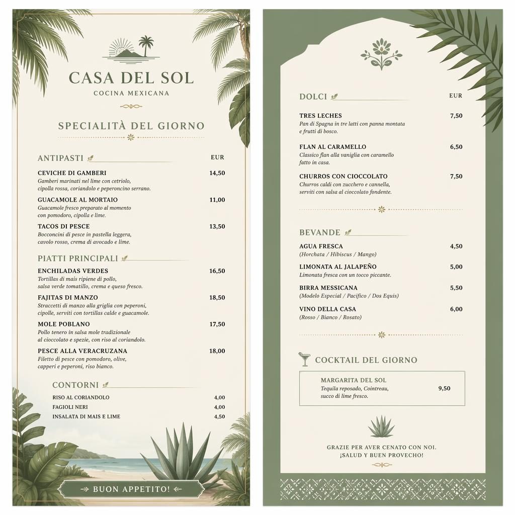 Carte de menu restaurant recto verso mexicaine A4, palette sauge et ivoire, style resort tropical, recto verso