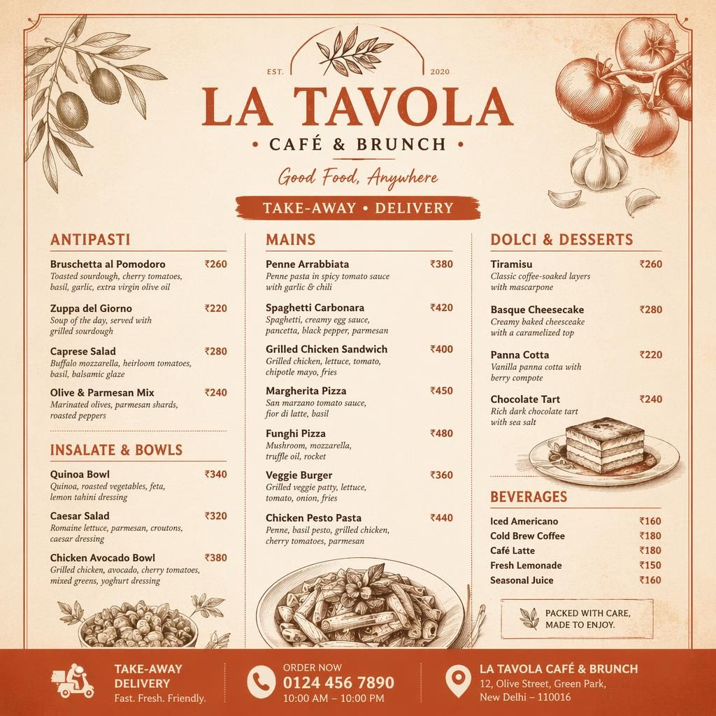 A4 portrait cafe takeaway menu card with warm cream and rust colors, rustic header, section titles, dish placeholders, and prices.