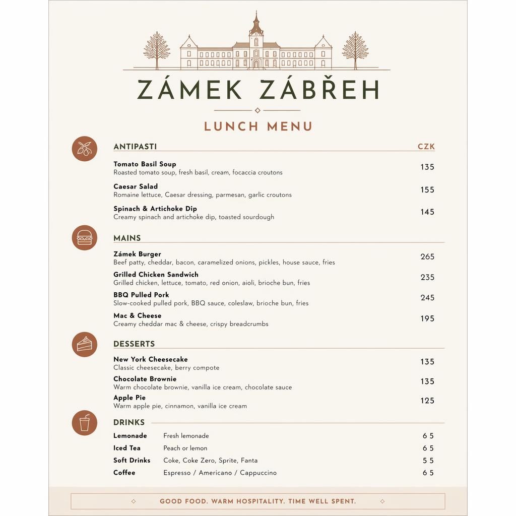 A4 menu karta restaurace v minimalistickém švýcarském stylu, teplé zemité tóny, sekce jídel a sloupec s cenami