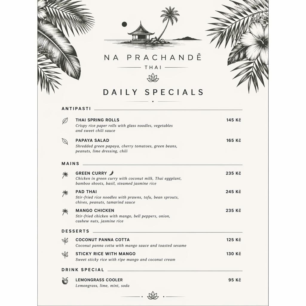 A4 menu karta na prachandě v portrétu, tropický resort styl, monochromní paleta, sekce jídel a sloupec s cenami.