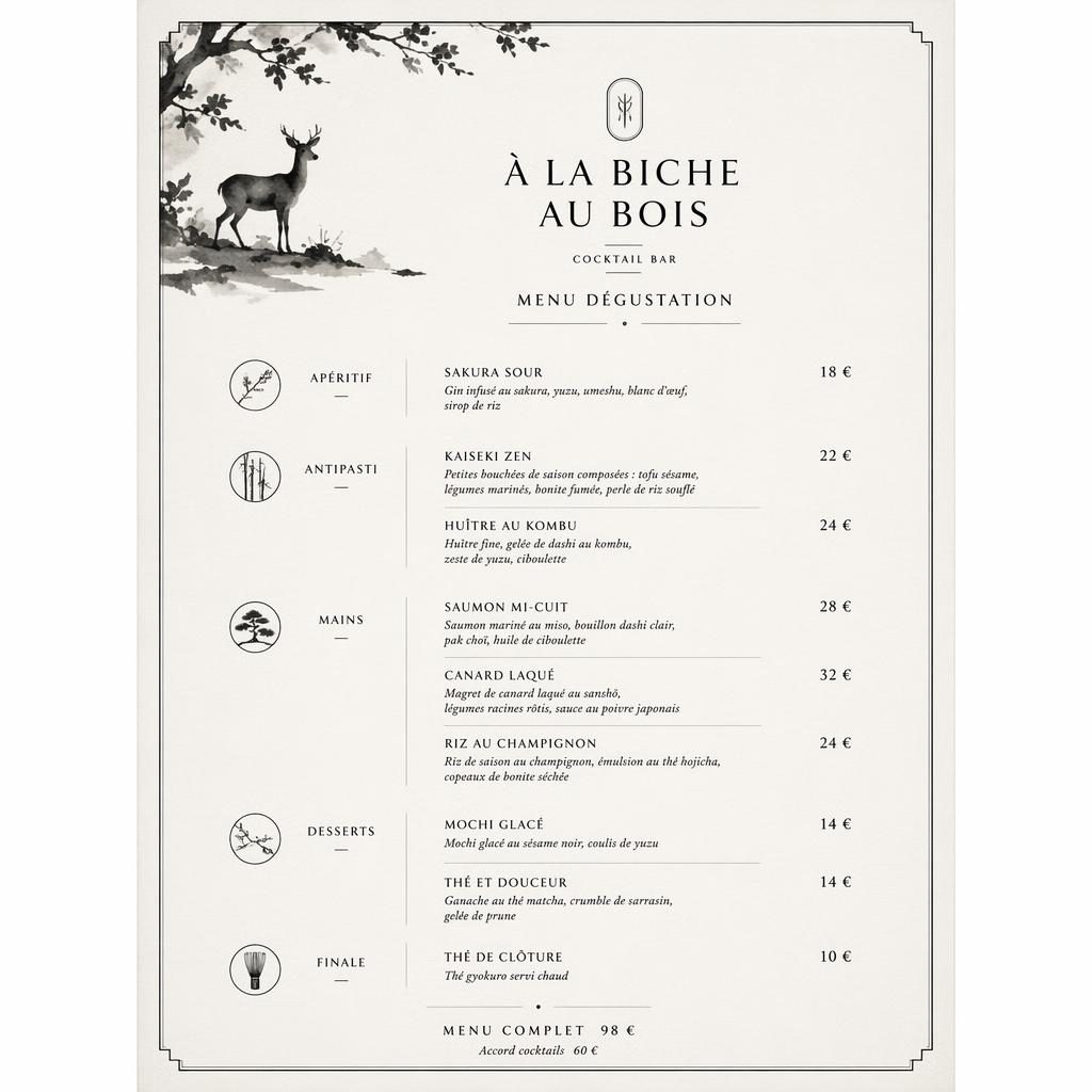 Carte de menu dégustation A4 en portrait, style kaiseki japonais monochrome, avec en-tête décoratif, sections et colonne de prix.