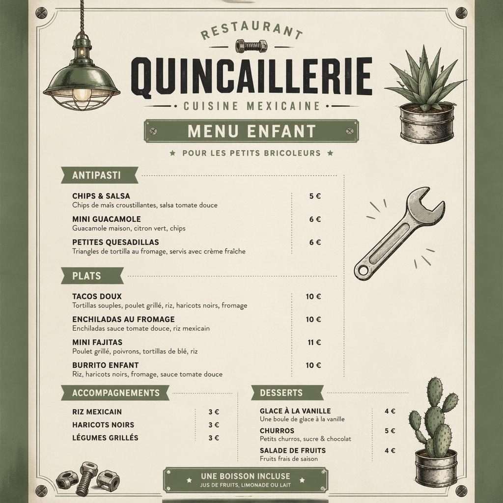Carte de menu enfant A4 en portrait pour restaurant quincaillerie, style loft industriel, tons sauge et ivoire.