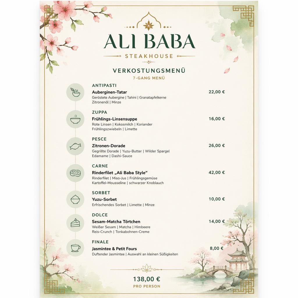A4-Menükarte im Hochformat für ali baba speisekarte, Kaiseki-Layout mit Frühlingsfarben, Sektionen, Preisen und Zierkopf
