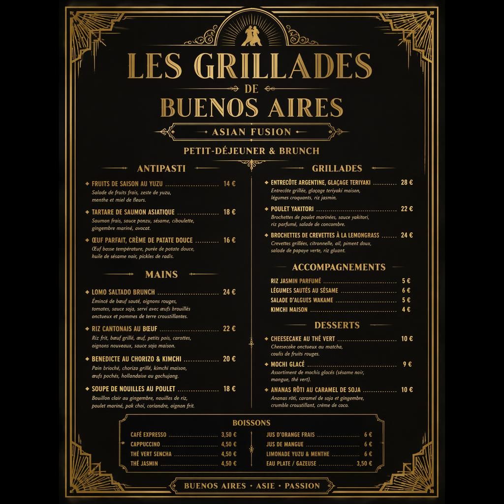 Carte de menu A4 portrait vintage années 1920, noir et or, avec en-tête décoratif, rubriques brunch et colonne de prix.