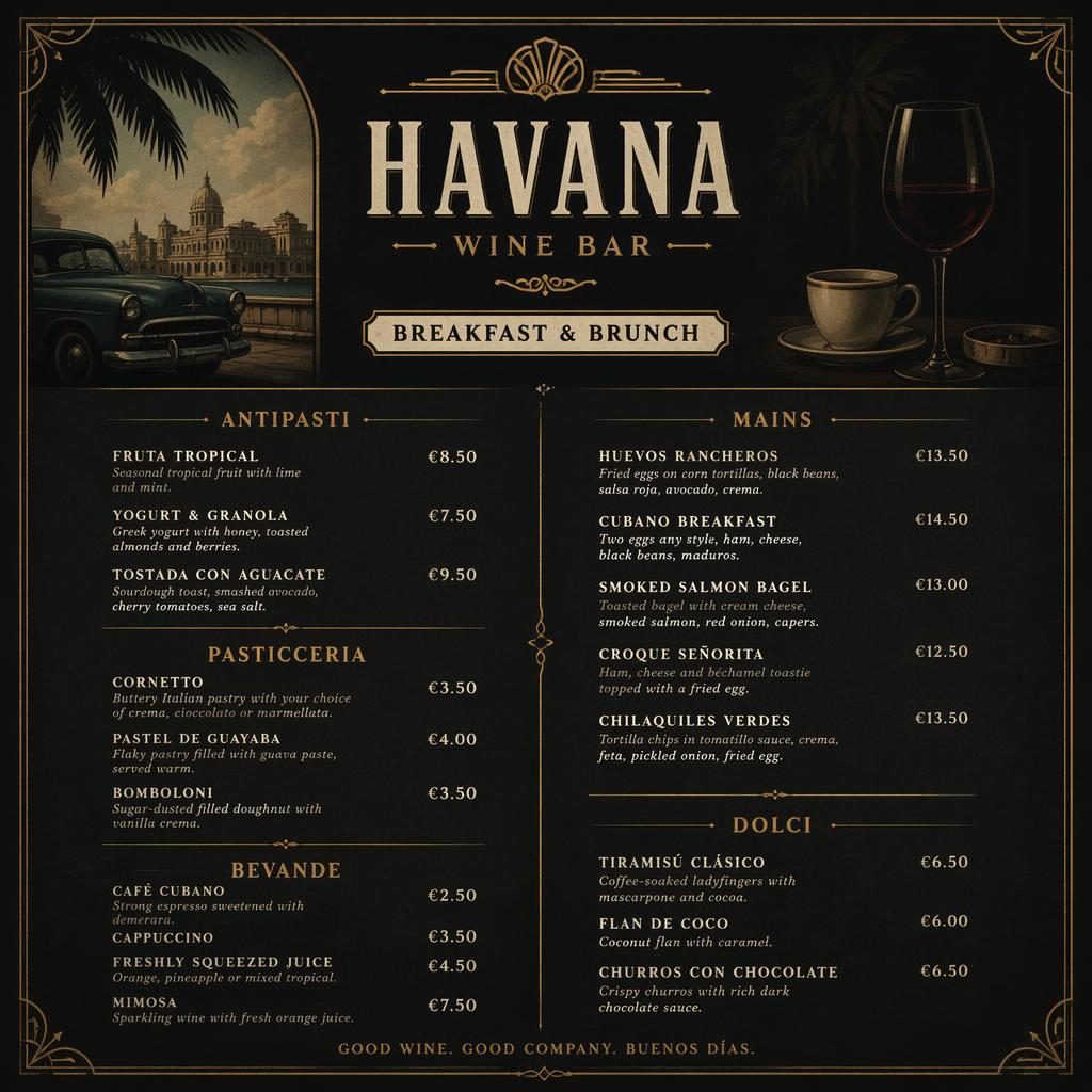 A4 menu karta Menu Havana pro brunch, vintage styl 20. let, tmavá paleta, dekorativní záhlaví a sloupec s cenami.