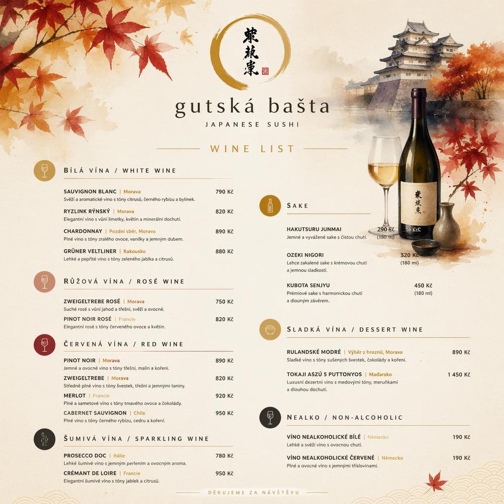 Akvarelový vinný lístek sushi restaurace gutská bašta ve formátu A4 na výšku, s dekorativní hlavičkou a cenami.