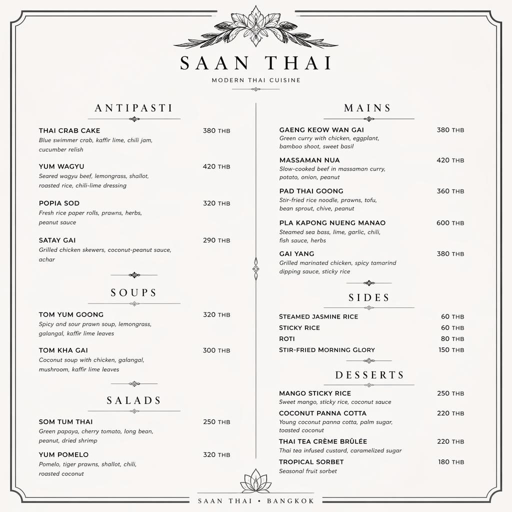 A4 portrait luxury fine dining menu card with monochrome drink template layout, decorative header, sections, placeholders, and prices.