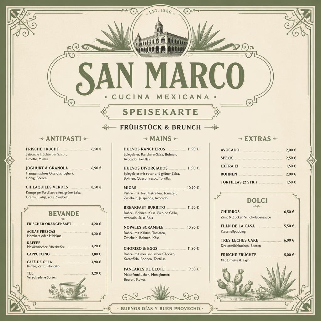 A4-Menükarte im Hochformat für san marco speisekarte, Vintage-1920er-Stil in Salbei und Elfenbein, Frühstück/Brunch