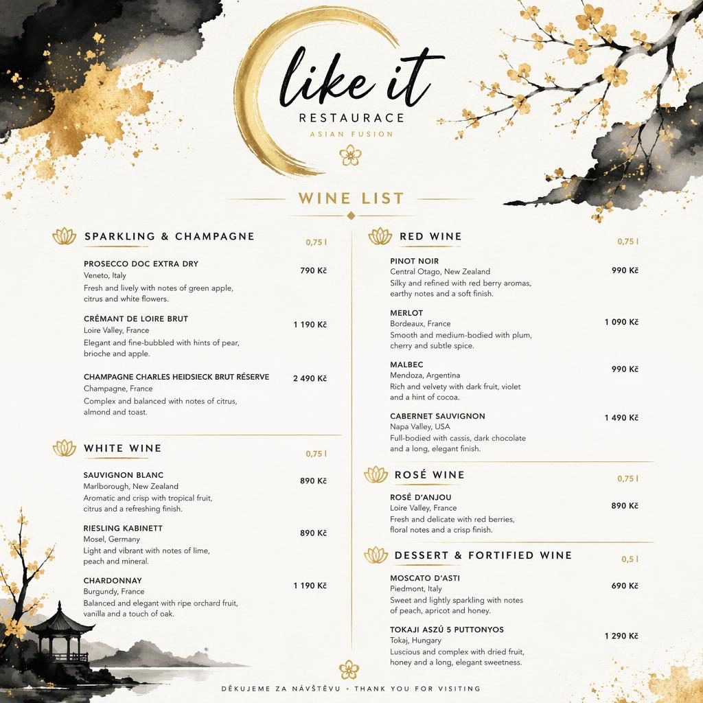 A4 vinný lístek pro like it restaurace v akvarelovém stylu, černo-zlatá paleta, dekorativní záhlaví a ceny.