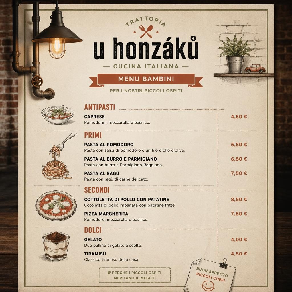 Tisková A4 karta dětského italského menu U Honzáků v industriálním loft stylu s teplou zemitou paletou a cenami.