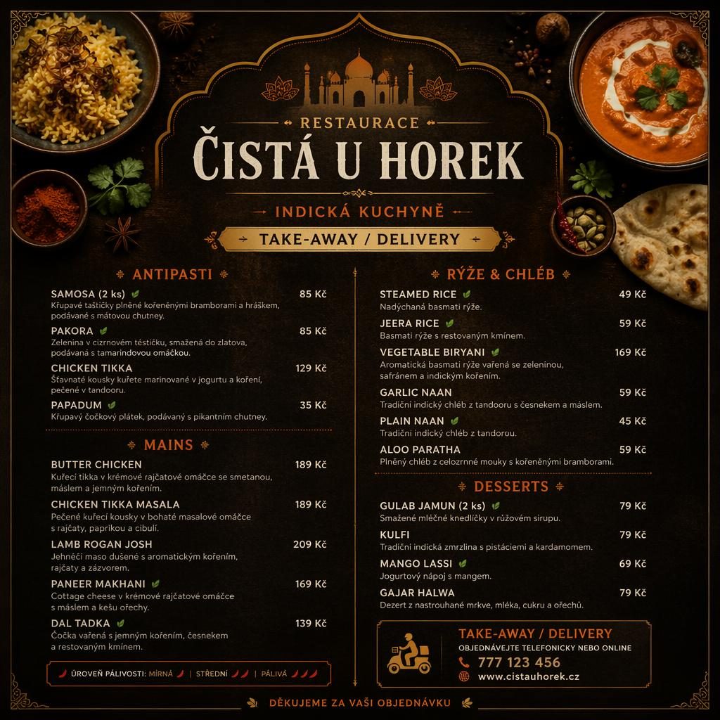 A4 menu karta pro restaurace čistá u horek, tmavá rustikální kompozice s názvem podniku, sekcemi jídel a cenami.