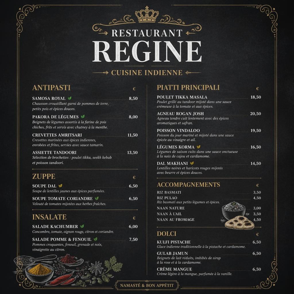 Carte de cocktails A4 en portrait pour restaurant regine, style ardoise sombre, en-tête décoratif, rubriques et colonne de prix.