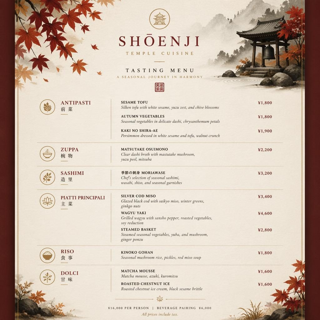Tisková menu karta A4 na výšku v japonském kaiseki stylu s podzimní paletou, dekorativní hlavičkou a cenami.