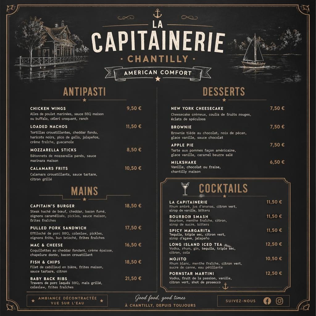 Carte de cocktails A4 style ardoise café, palette terre chaude, en-tête décoratif, rubriques, faux textes et colonne de prix.