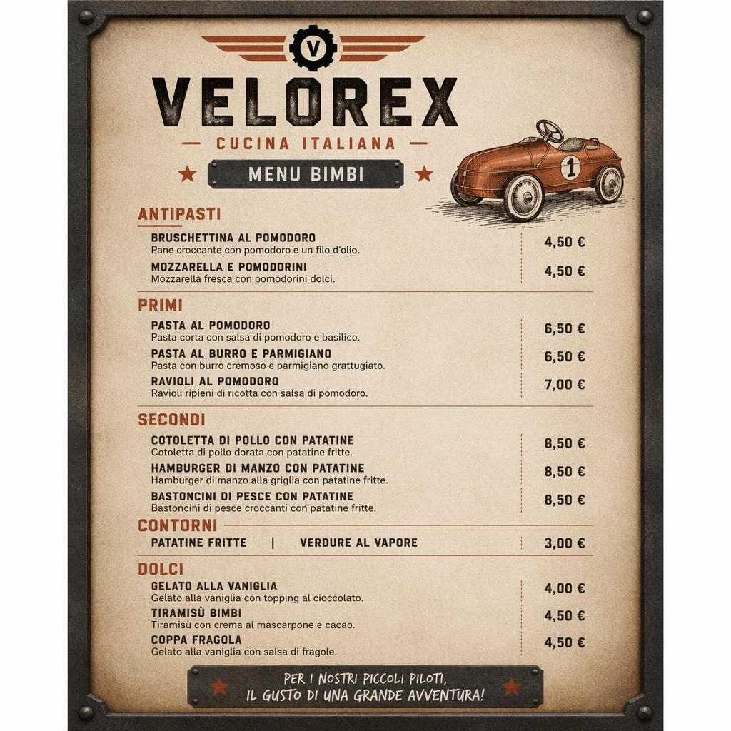 A4 jídelní lístek pro děti ve stylu velorex menu, italská kuchyně, industriální loft, teplé zemité tóny