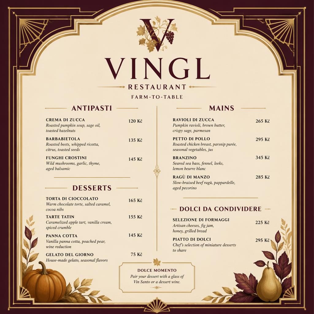 A4 dezertní menu karta pro vingl restaurant, styl art deco, podzimní paleta, dekorativní záhlaví a sloupec cen