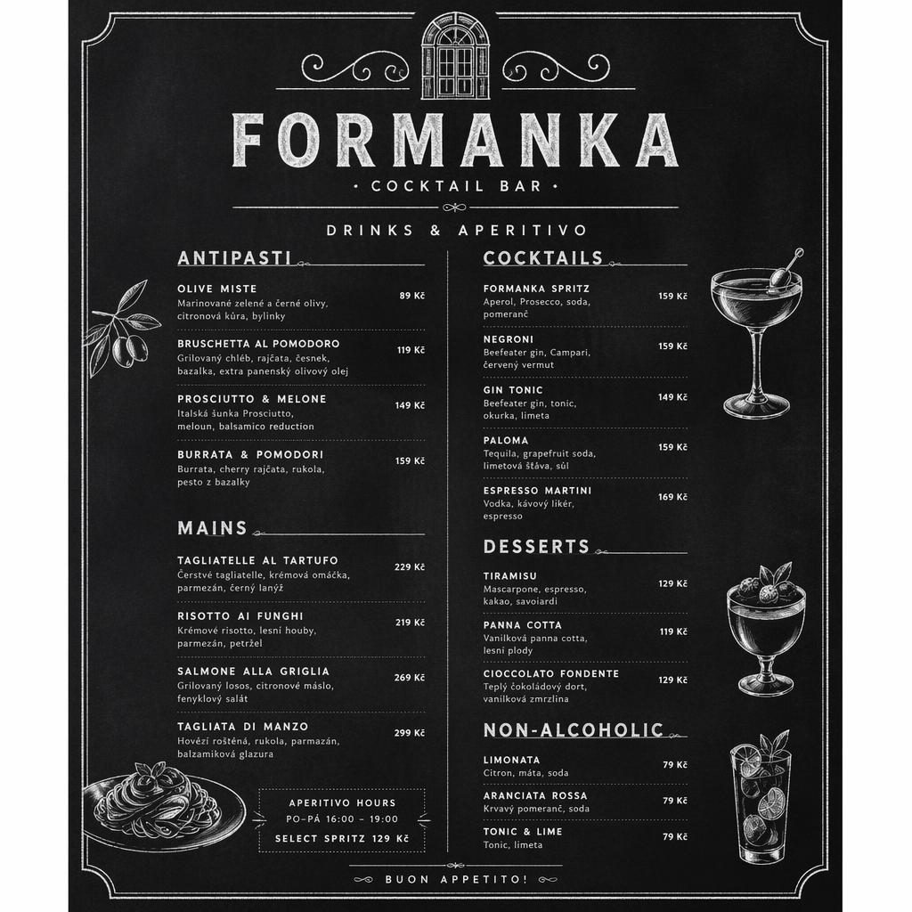 Tisková nápojová karta A4 na výšku ve stylu křídové tabule, monochromatická, s dekorativní hlavičkou a cenami.