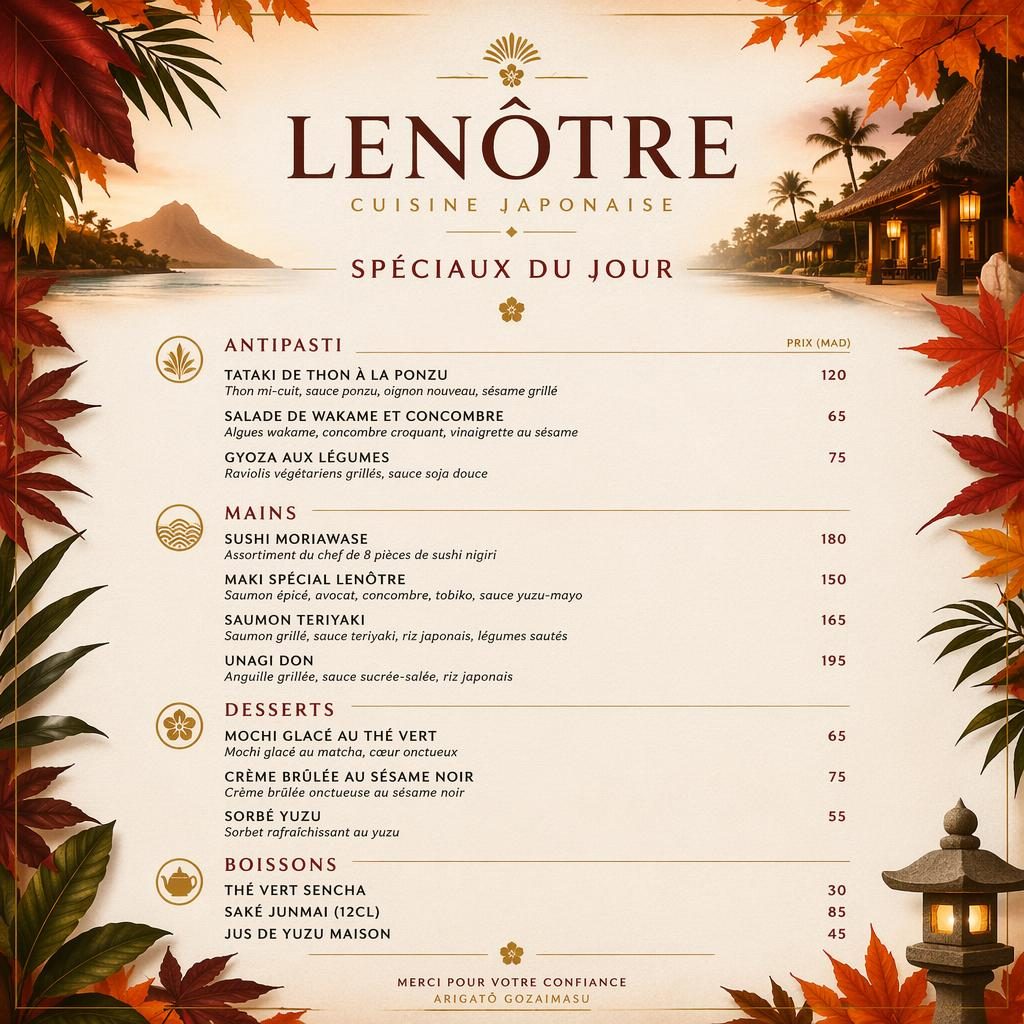 Carte de menu A4 en portrait pour sushi japonais, style resort tropical aux tons automnaux, avec en-tête décoratif et prix.