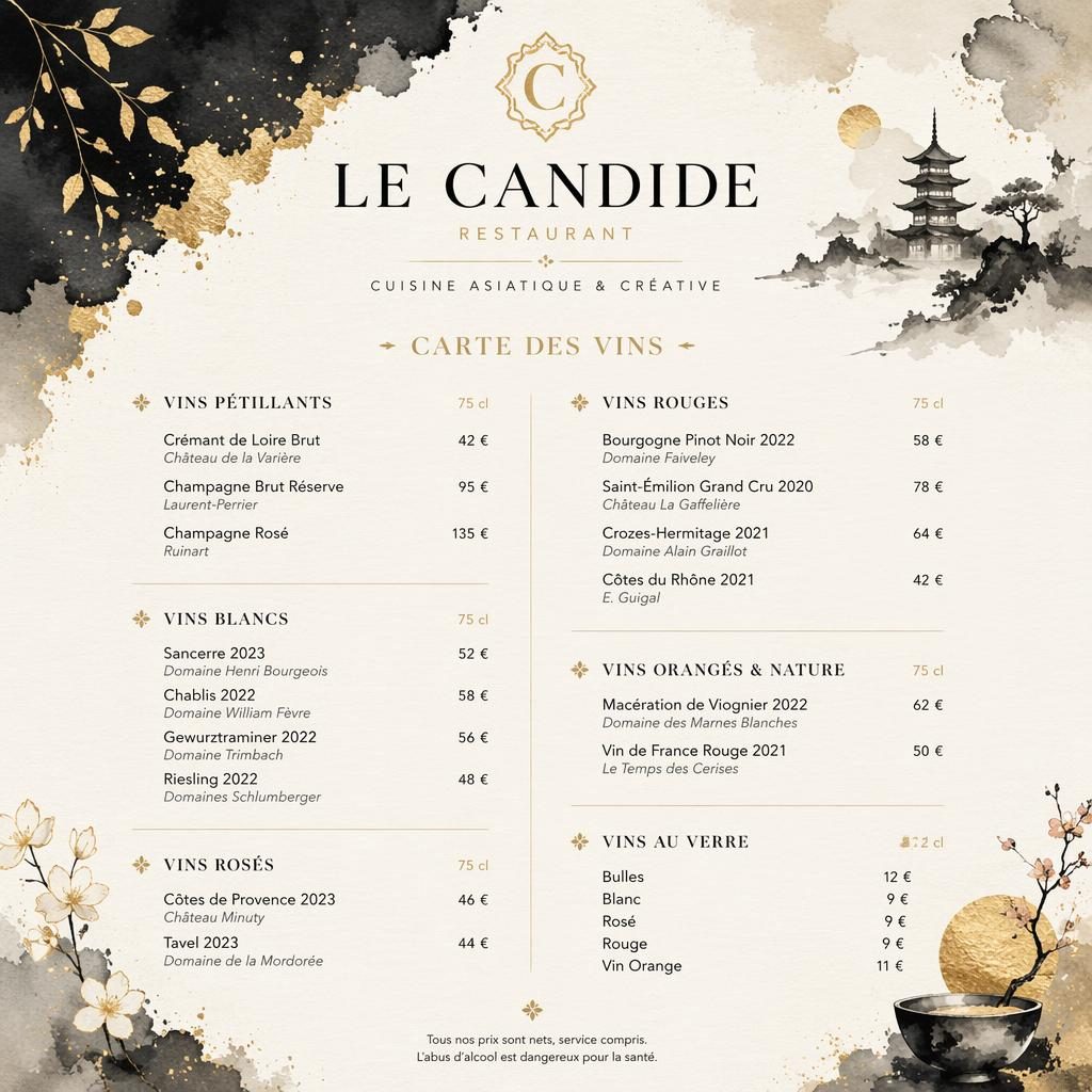 Carte des vins A4 en portrait pour le candide restaurant, style aquarelle cosy noir et or, en-tête décoratif et typographie