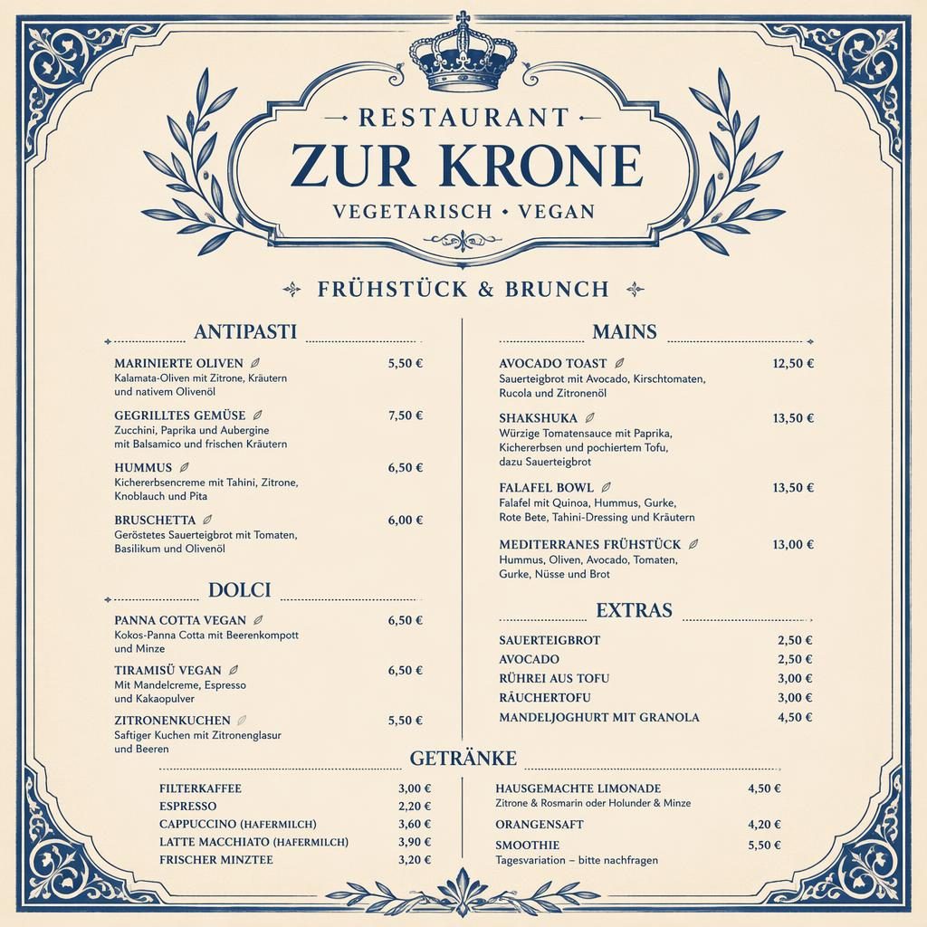 A4-Menükarte für Restaurant Zur Krone, Vintage-1920er-Stil in Blau und Creme, Frühstück/Brunch mit Preisspalte.