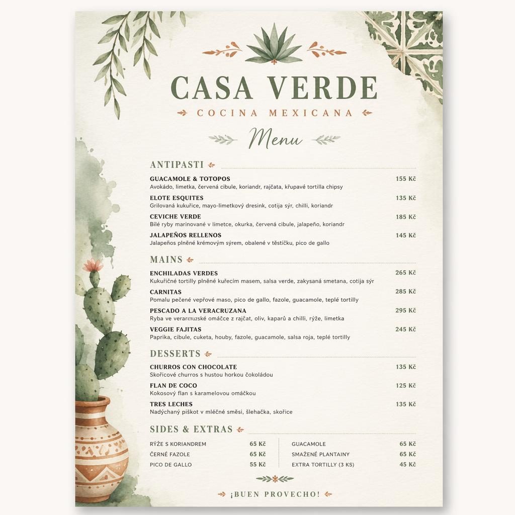 Akvarelový mexický vinný lístek ve formátu A4 na výšku, v odstínech šalvěje a slonové kosti s cenovým sloupcem.