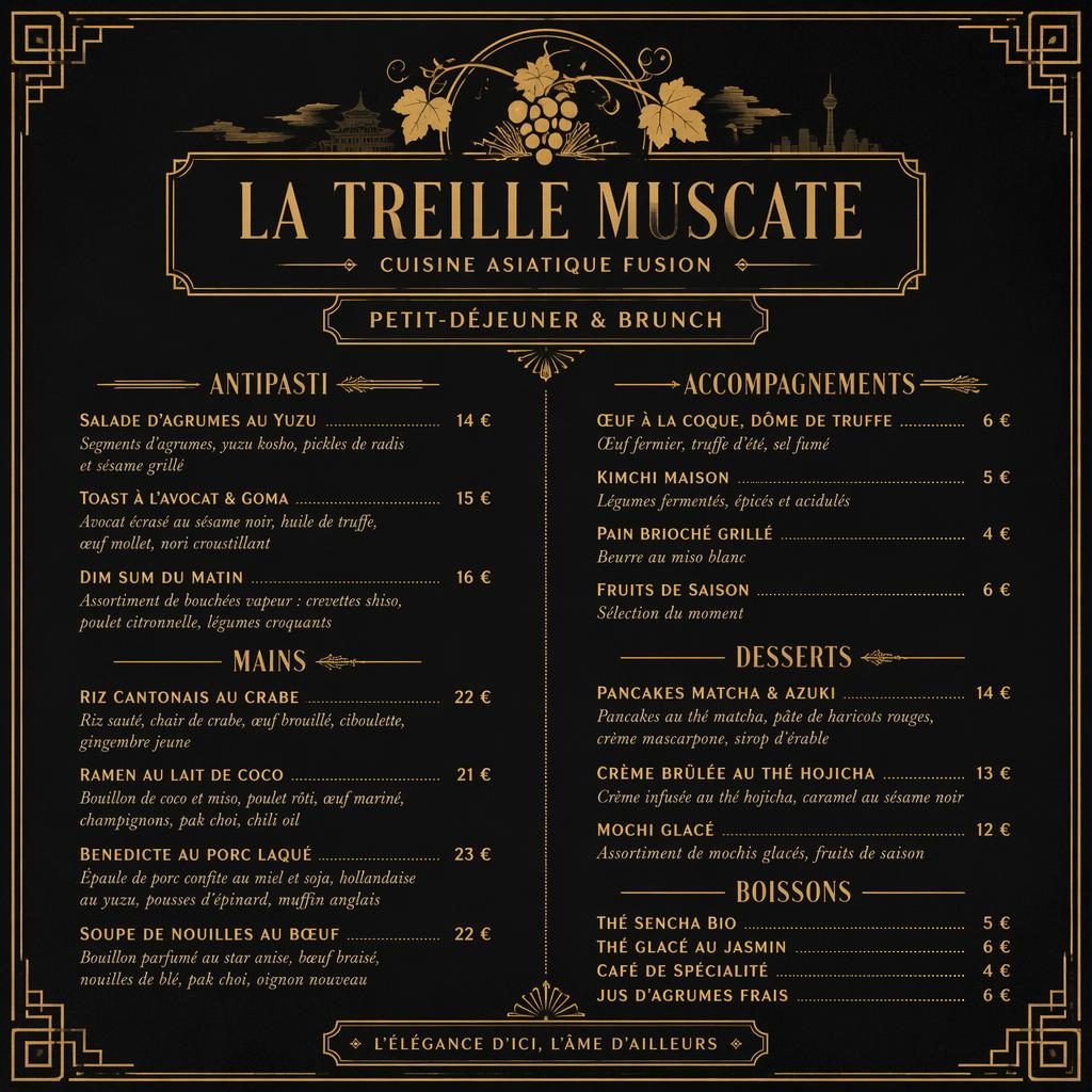 Carte de menu A4 portrait pour La Treille Muscate, style années 1920 noir et or, brunch fusion asiatique avec rubriques, plats et colonne de prix.