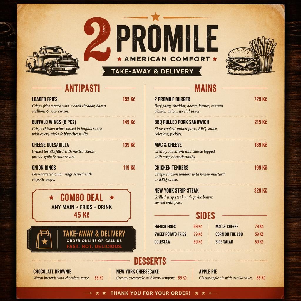 A4 menu karta na výšku pro 2 promile menu v rustikálním teplém stylu, s hlavičkou, sekcemi jídel a sloupcem cen.