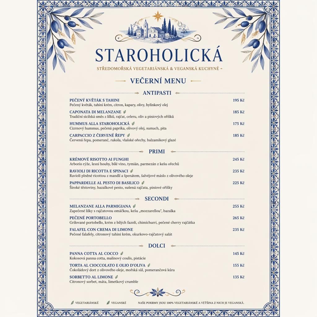 Luxusní menu karta A4 na výšku v modro-krémové paletě, s dekorativní hlavičkou, sekcemi a cenovým sloupcem.