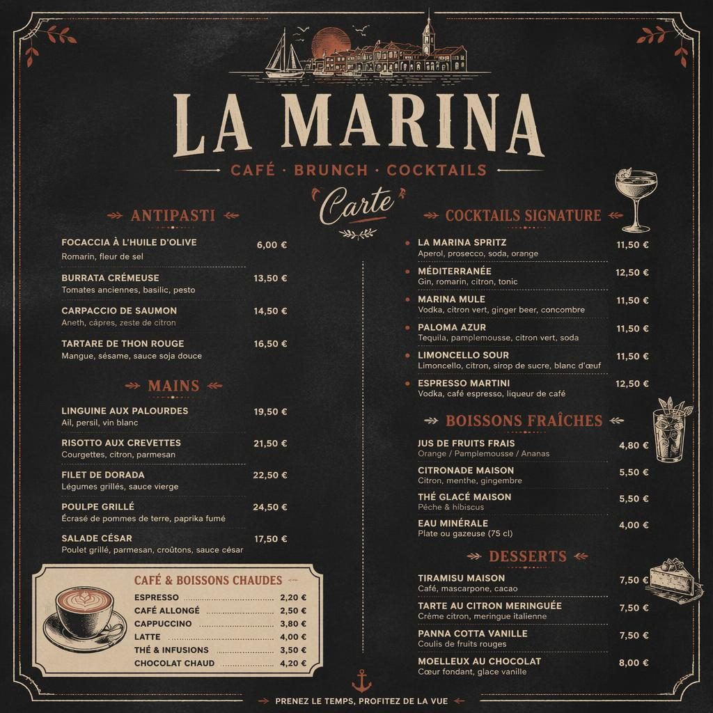 Carte de cocktails A4 en style ardoise café, palette crème chaude et rouille, en-tête décoratif et colonne de prix.