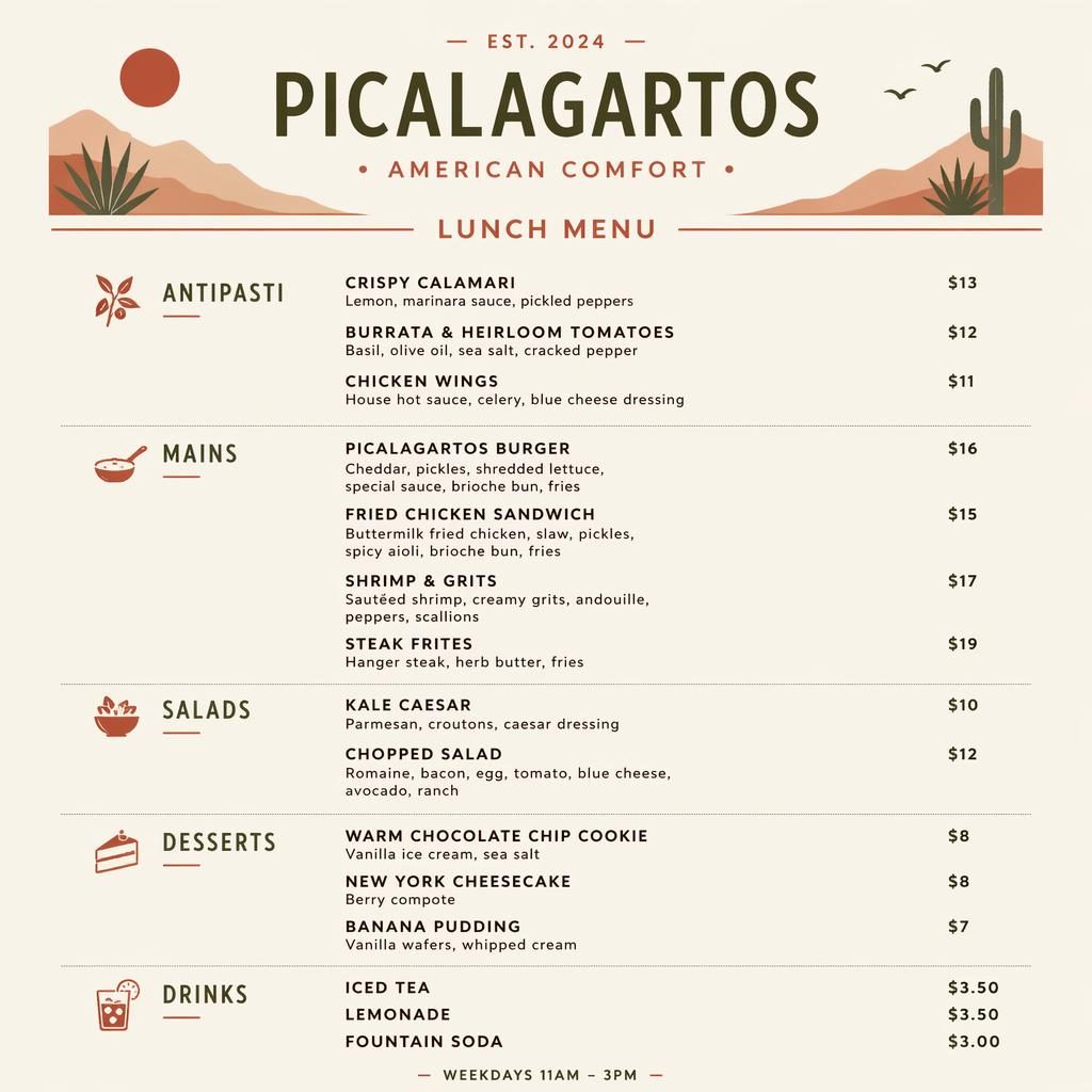 Carta de menú A4 en vertical para menu picalagartos, estilo suizo minimalista, tonos tierra cálidos y columna de precios.
