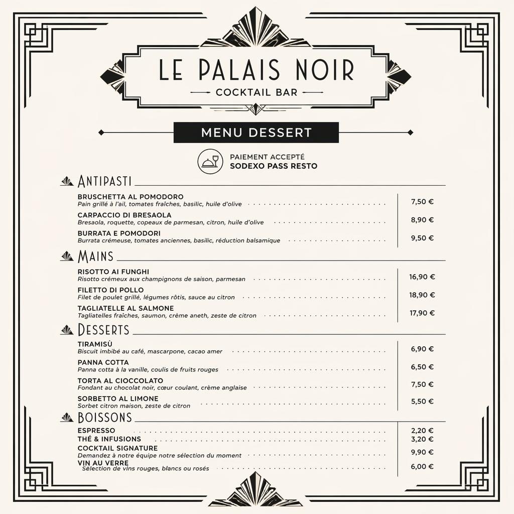 Carte de desserts A4 en portrait, style art déco monochrome, avec en-tête décoratif, rubriques, plats fictifs et colonne de prix.
