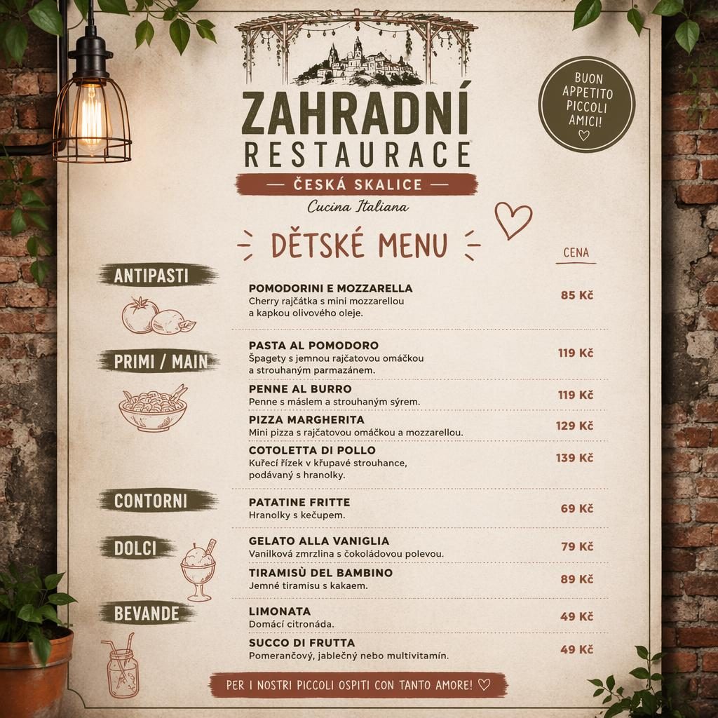 A4 menu karta pro děti v italském stylu, industriální loft, teplé zemité barvy, sekce jídel a sloupec cen.