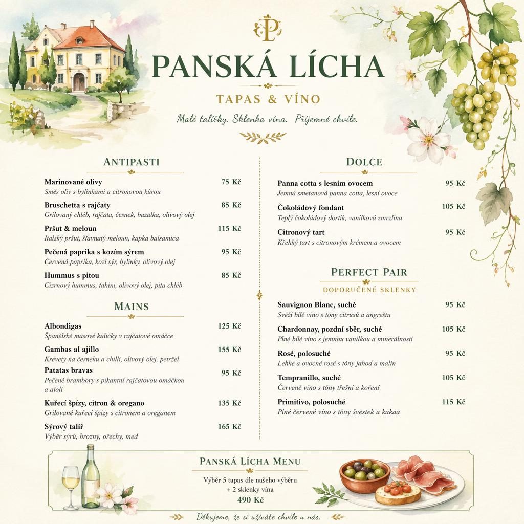 Akvarelový vinný lístek A4 na výšku s dekorativní hlavičkou, názvem restaurace, sekcemi, popisy jídel a sloupcem cen.