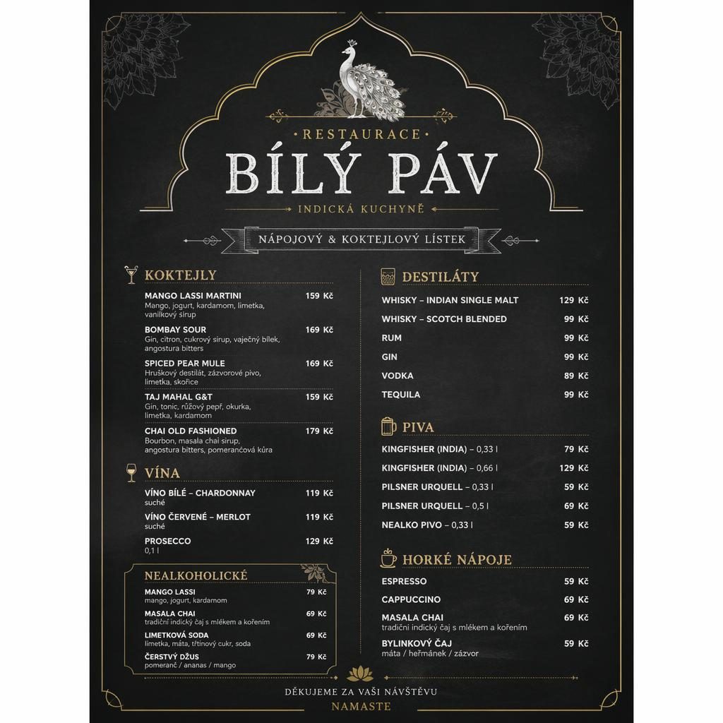 Tmavý koktejlový jídelní lístek A4 pro restaurace bílý páv v chalkboard stylu s dekorativní hlavičkou a cenami.