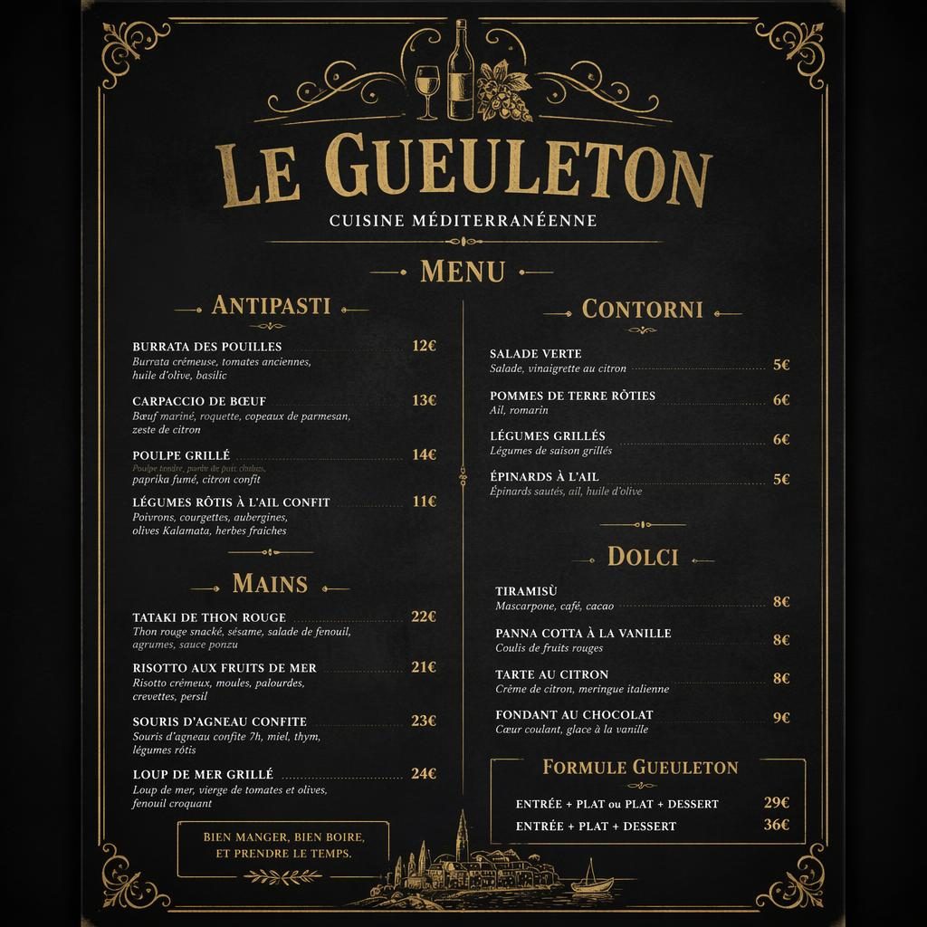 Carte de cocktails méditerranéenne A4 en style ardoise noir et or, avec en-tête décoratif, rubriques et colonne de prix.