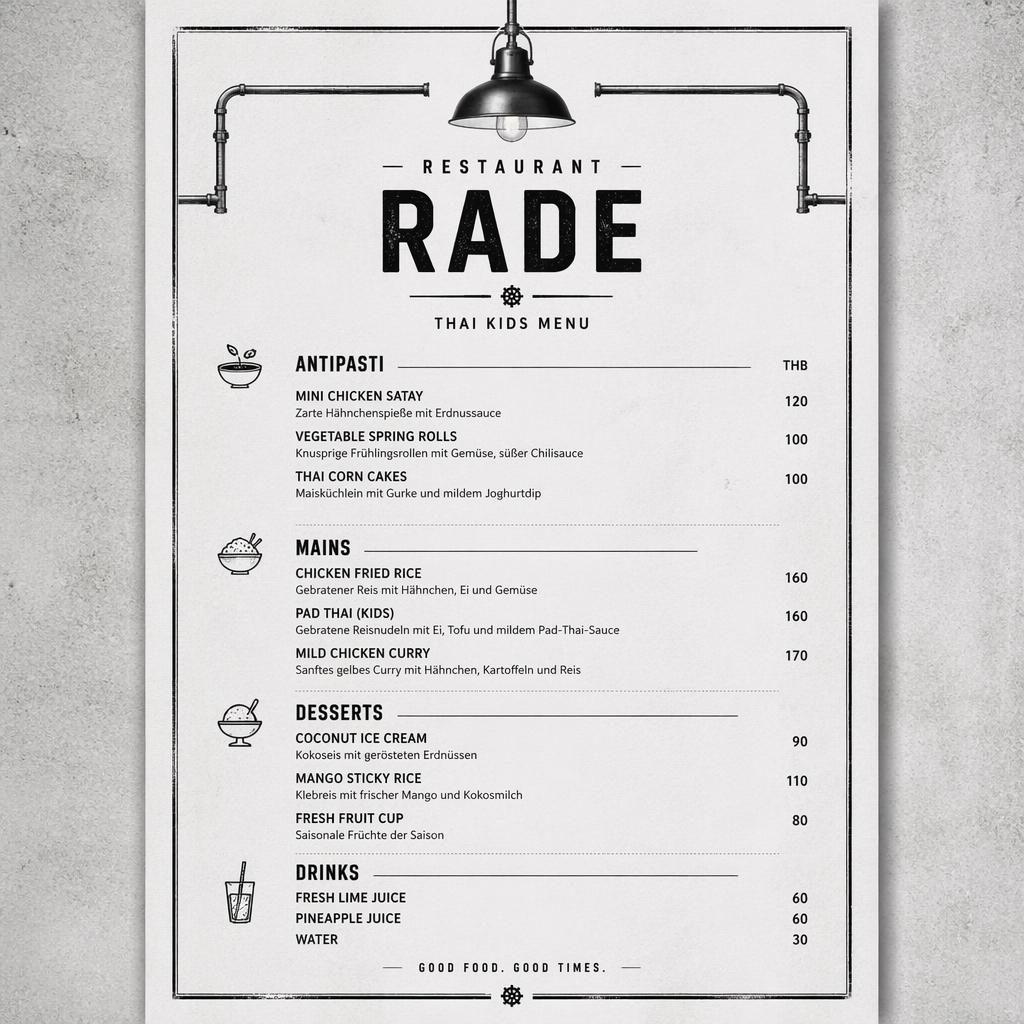 A4-Kinderkarte für Restaurant Rade im Industrial-Loft-Stil, monochrom, mit dekorativem Header, Platzhaltertext und Preisen.