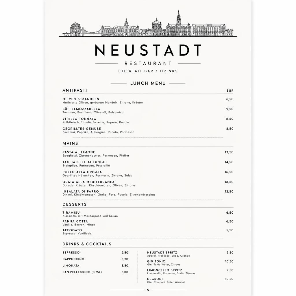 A4-Menükarte im Hochformat für neustadt restaurant, monochrom, minimalistisches Swiss-Layout mit Preisen