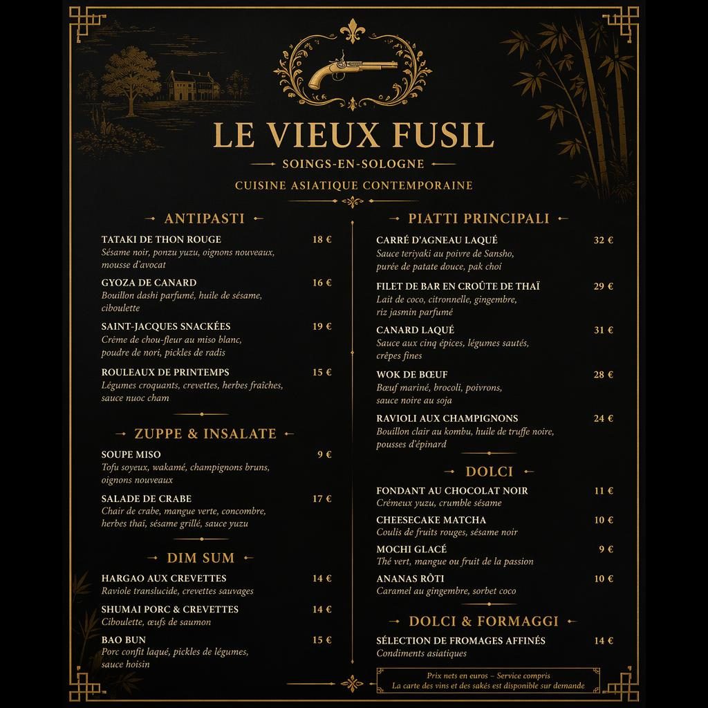Carte de menu A4 portrait noir et or pour dîner asiatique fusion, avec en-tête décoratif, sections, plats et colonne de prix.