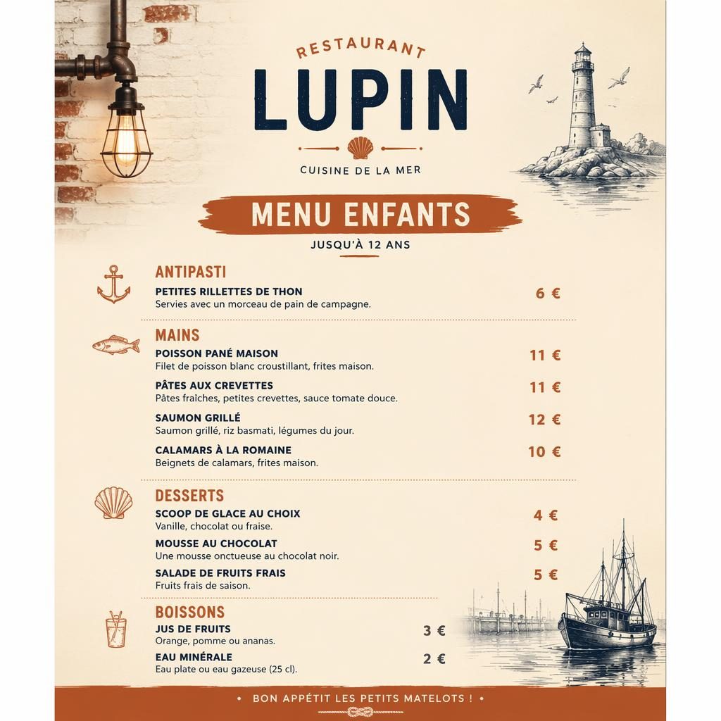 Carte menu enfant A4 verticale pour restaurant lupin, style loft industriel crème chaude et rouille, avec rubriques, plats et prix.
