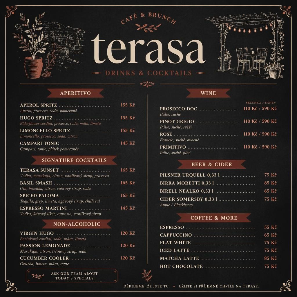 A4 koktejlový lístek pro terasa menu v křídovém kavárenském stylu, krémová a rezavá paleta, ceny a dekorativní záhlaví.