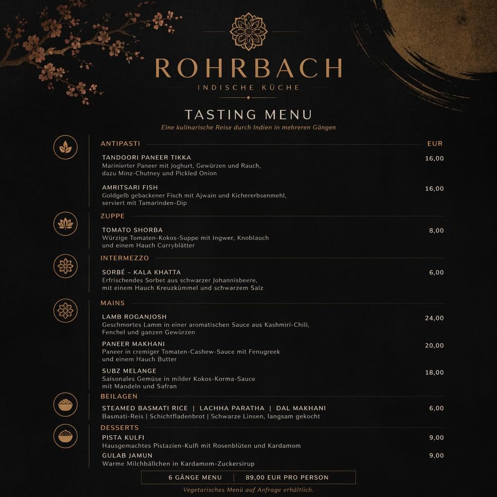 A4-Menükarte für Restaurant Rohrbach im japanischen Kaiseki-Stil, dunkle Farbpalette, dekorative Kopfzeile und Preisspalte