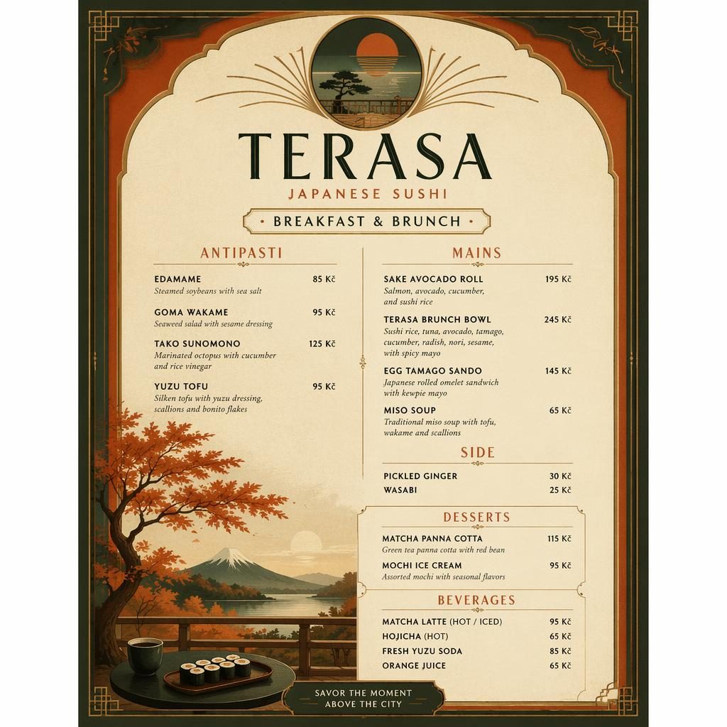 Tisková A4 karta menu pro sushi brunch, vintage styl 20. let, podzimní paleta, dekorativní záhlaví a ceny.